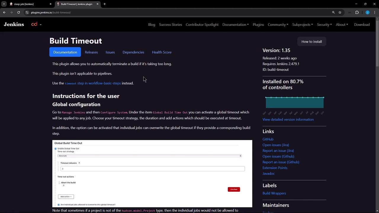 The image shows a webpage for the Jenkins "Build Timeout" plugin, detailing its features, version information, and installation statistics. It includes instructions for global configuration and links to related resources.