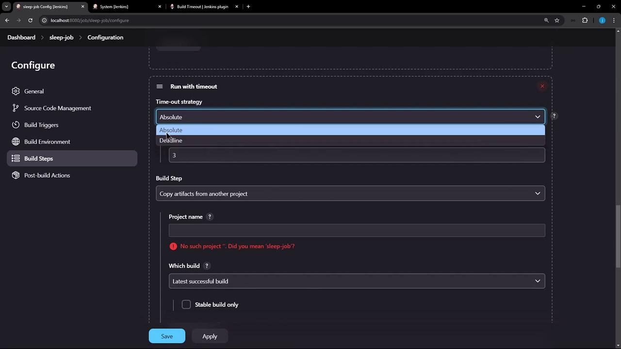 The image shows a configuration screen from Jenkins, specifically for setting a timeout strategy and build steps for a project. It includes options for selecting a timeout strategy and specifying a project name for copying artifacts.