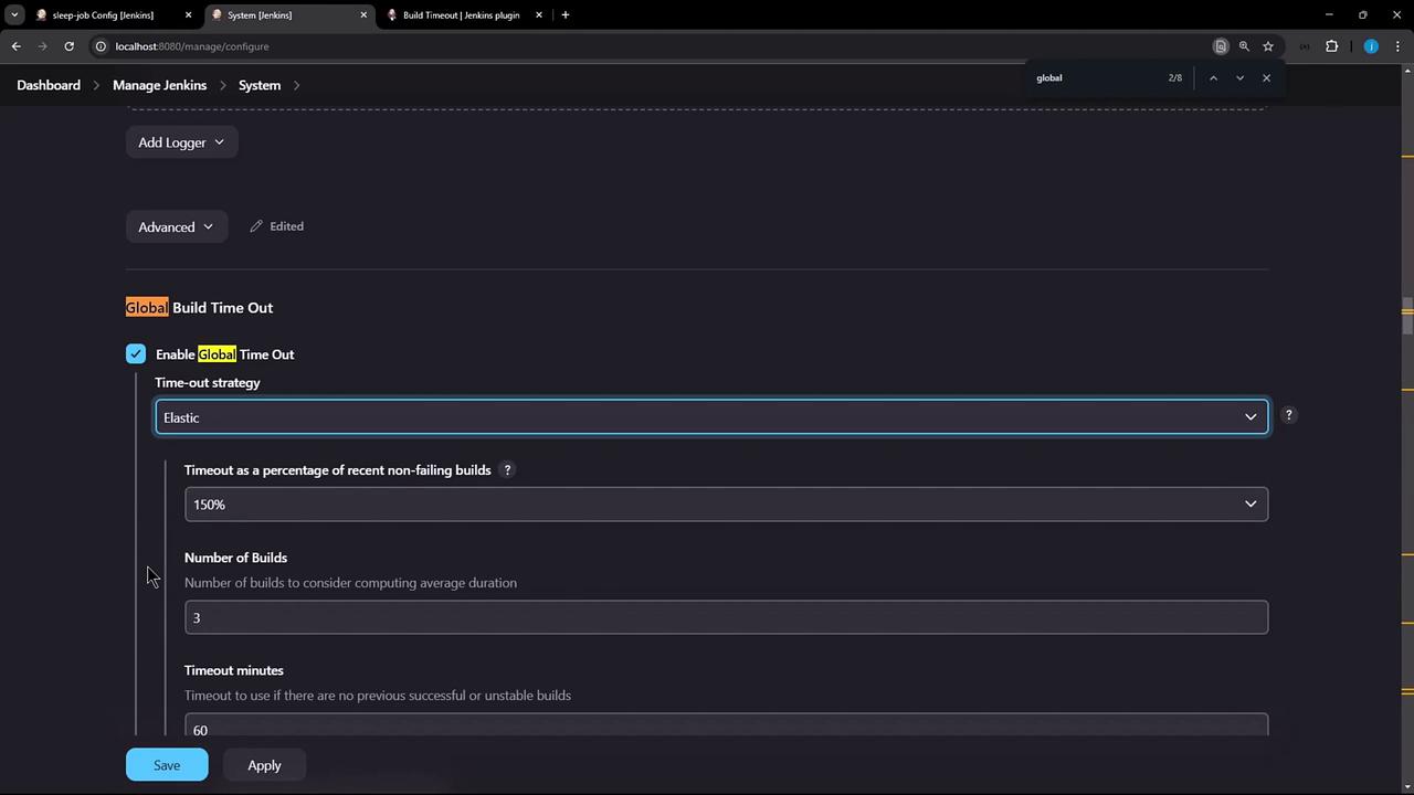 The image shows a Jenkins configuration screen for managing system settings, specifically focusing on the "Global Build Time Out" settings with options for timeout strategy and duration.