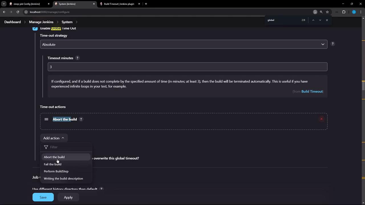 The image shows a Jenkins configuration screen for setting a global timeout strategy, with options to specify timeout minutes and actions like aborting the build.