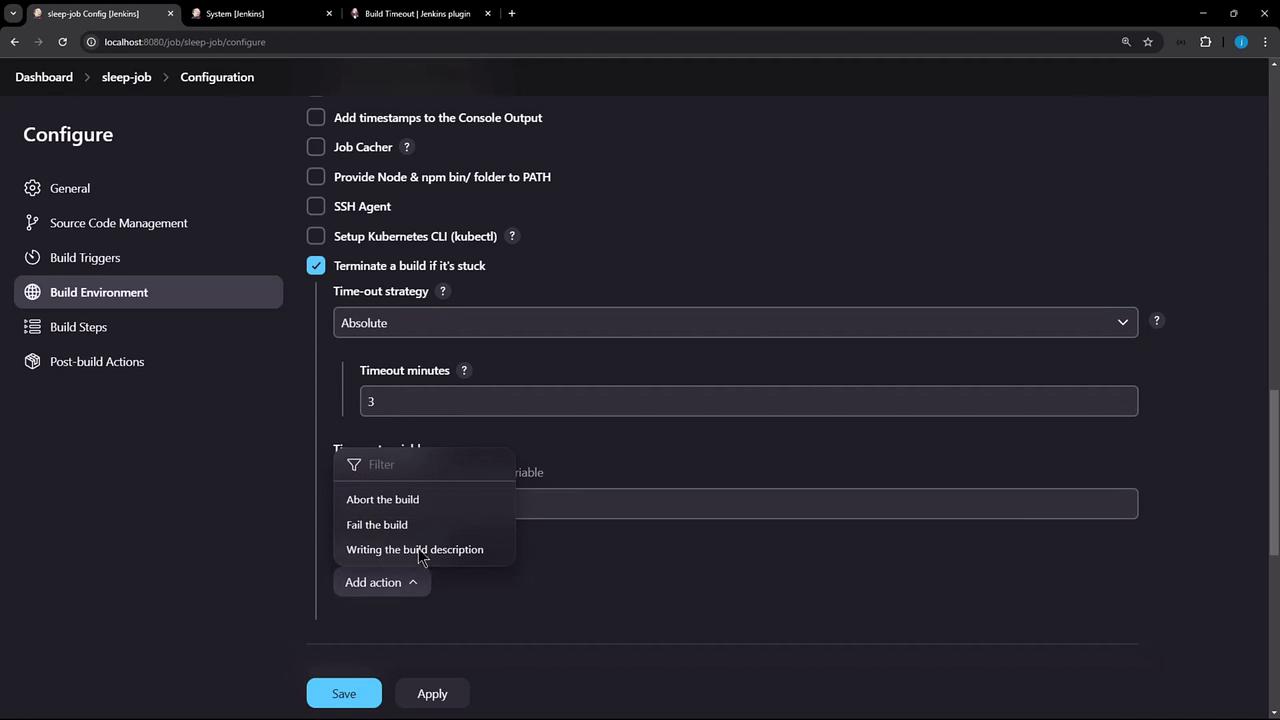 The image shows a Jenkins configuration screen for a "sleep-job," focusing on the "Build Environment" settings. Options include terminating a build if it's stuck, with a timeout strategy set to "Absolute" and a timeout of 3 minutes.