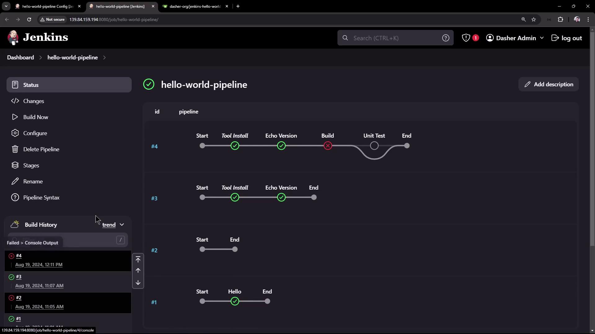 The image shows a Jenkins dashboard displaying the status of a "hello-world-pipeline" with various stages, including "Tool Install," "Echo Version," "Build," and "Unit Test," with some stages marked as successful and one as failed.