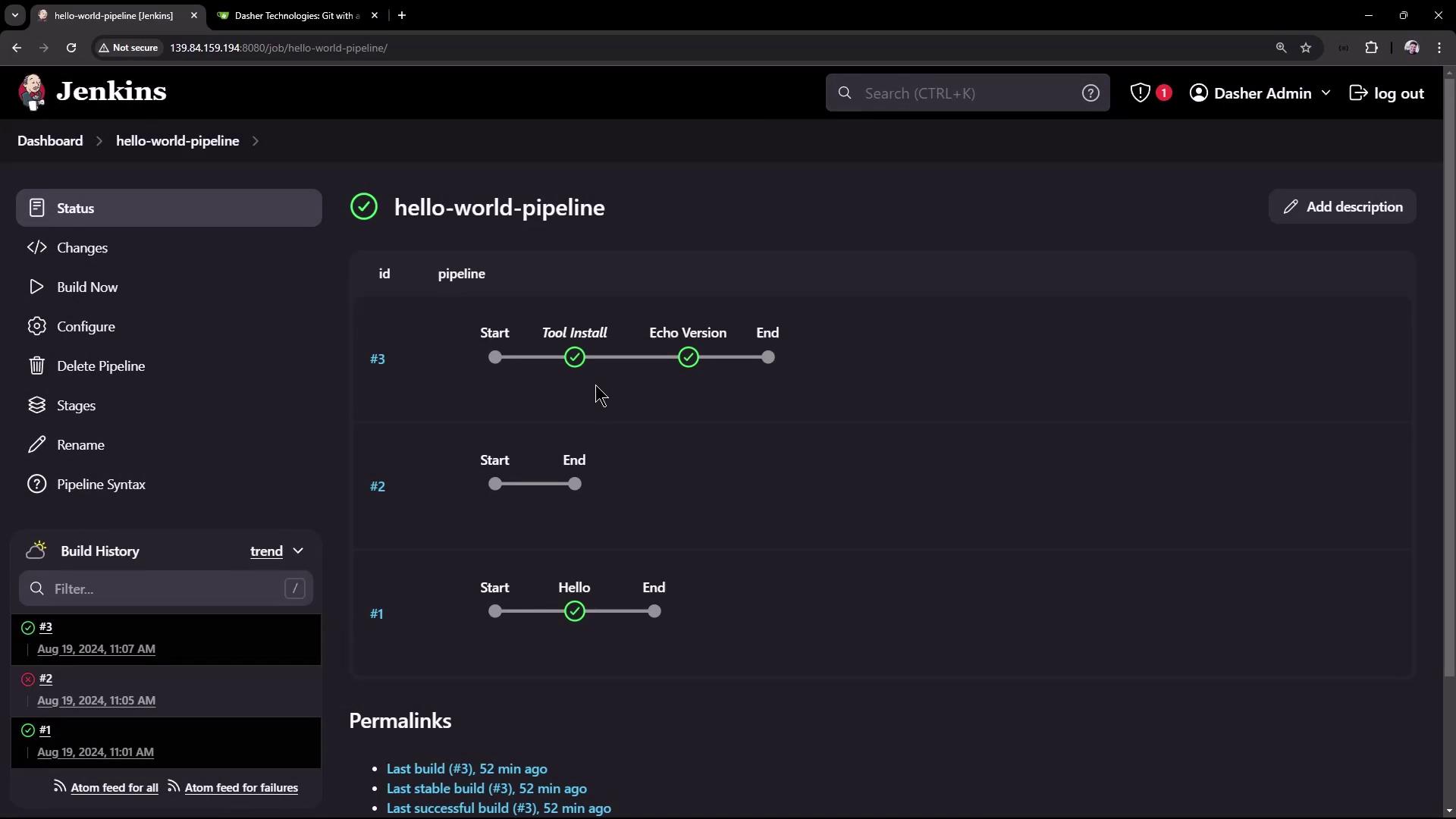The image shows a Jenkins dashboard displaying the status of a "hello-world-pipeline" with stages like "Tool Install" and "Echo Version" marked as completed. The interface includes options for configuring and managing the pipeline.
