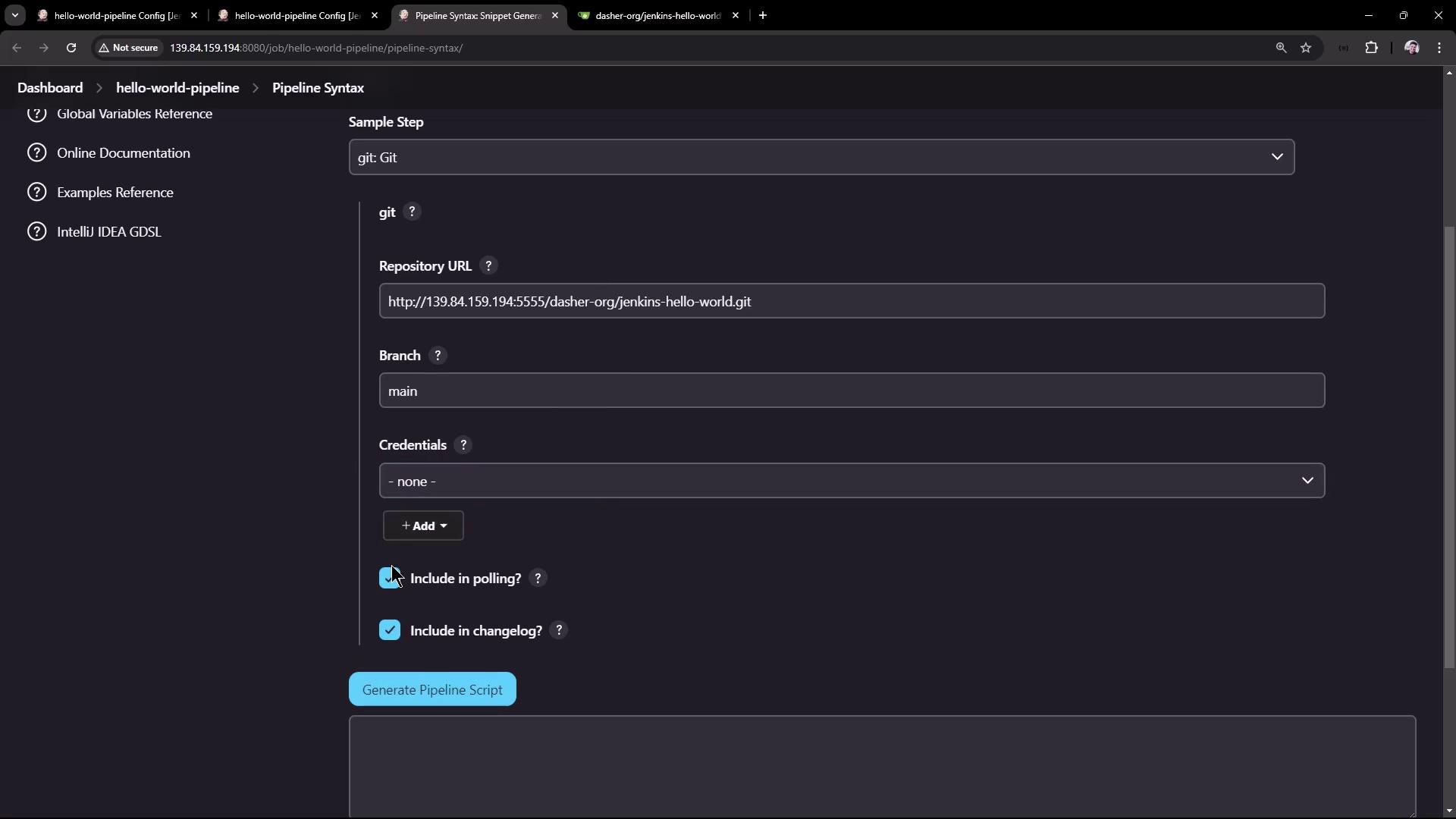 The image shows a Jenkins Pipeline Syntax configuration screen, where a Git repository URL and branch are specified for generating a pipeline script.