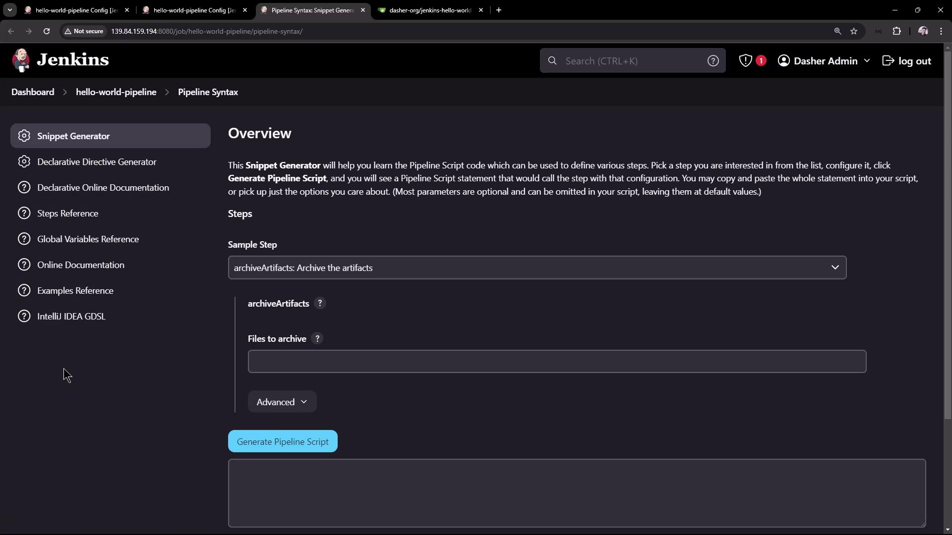 The image shows a Jenkins interface with the "Snippet Generator" for creating pipeline scripts. It includes options for archiving artifacts and generating a pipeline script.