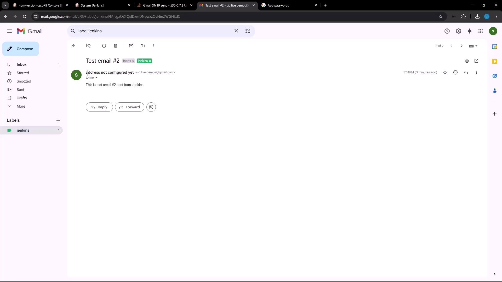 The image shows a Gmail inbox with an email titled "Test email #2" from a sender associated with Jenkins. The email content mentions it is a test email sent from Jenkins.