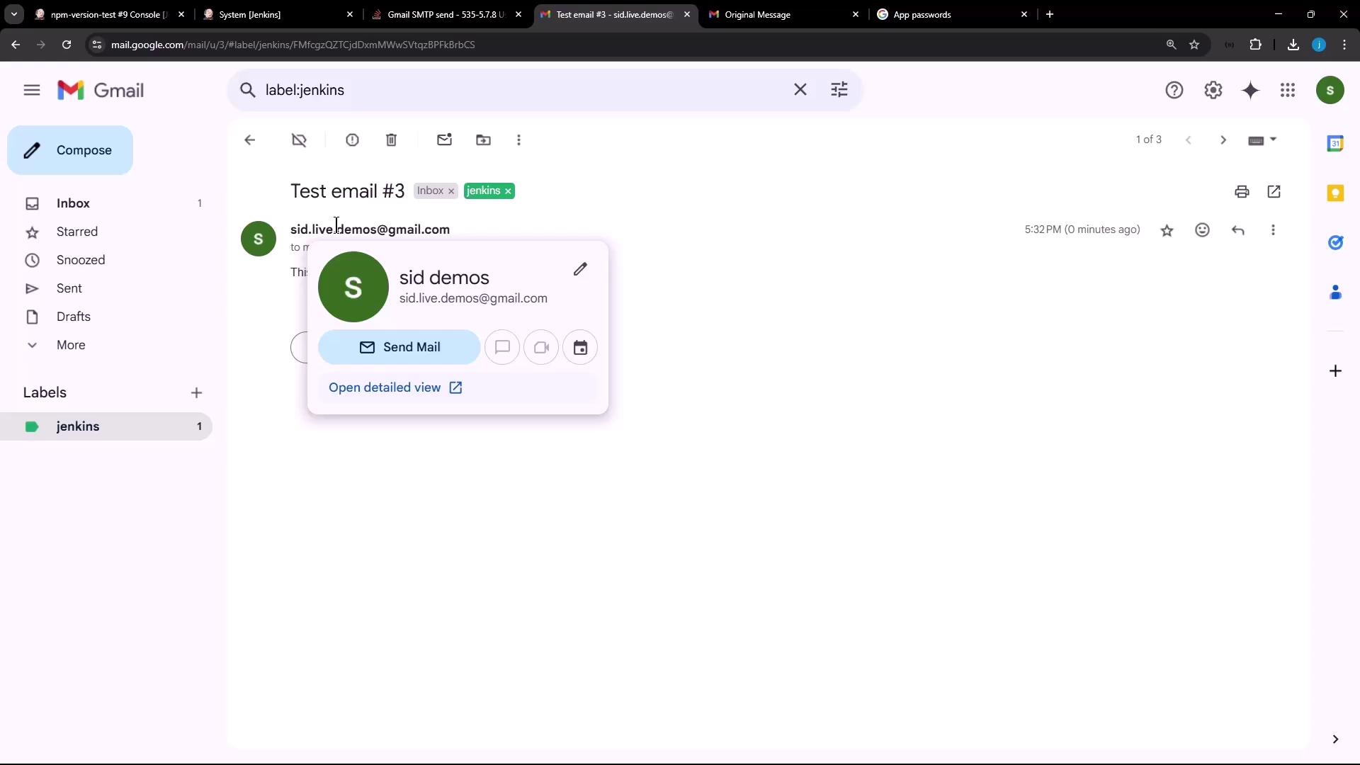 The image shows a Gmail interface with an open email labeled "Test email #3" from "sid demos." A contact card is displayed, showing options to send mail and view details.