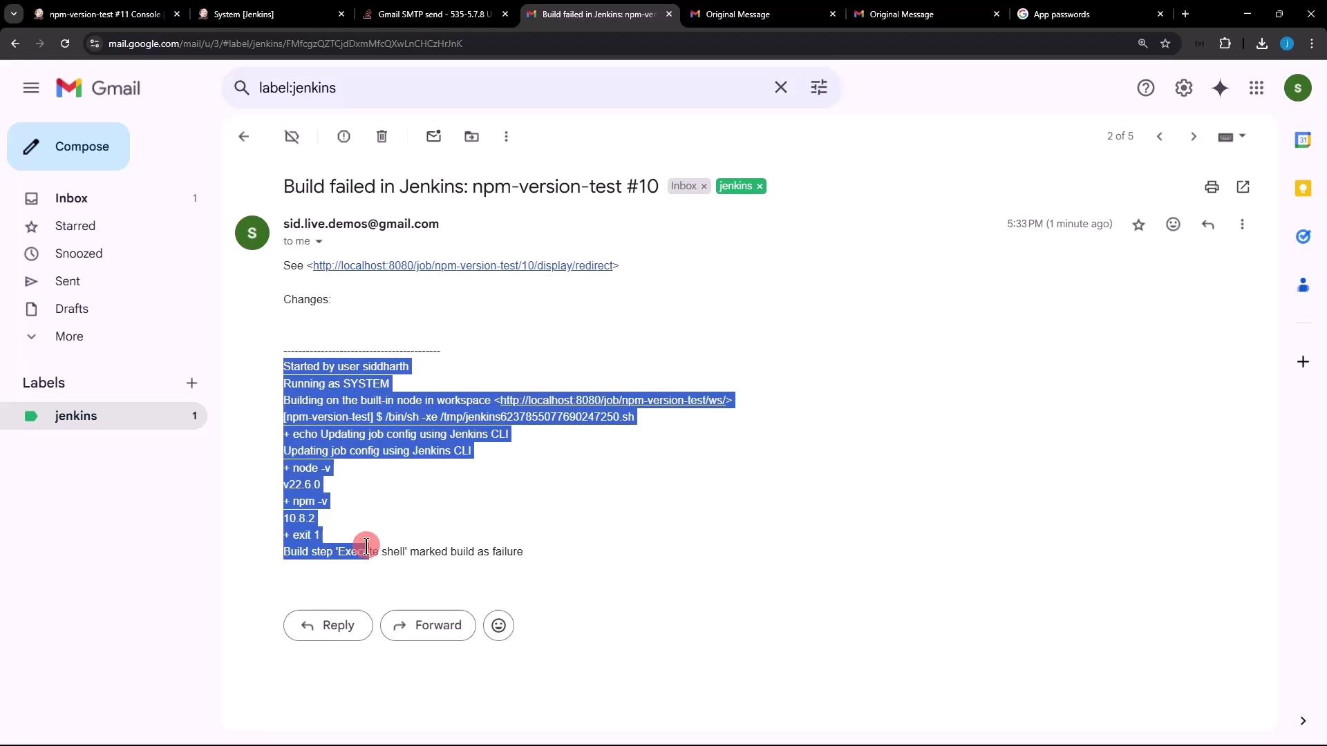 The image shows an email notification in Gmail about a Jenkins build failure for "npm-version-test #10," including details of the build process and error message.