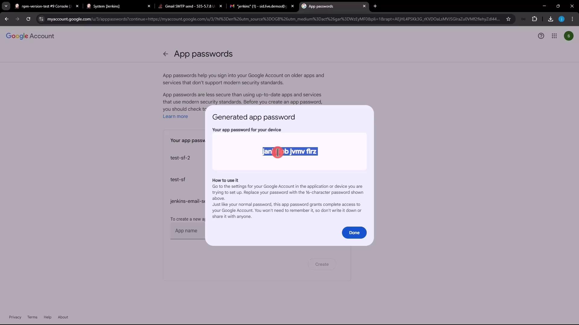 The image shows a Google Account page with a pop-up displaying a generated app password and instructions on how to use it.