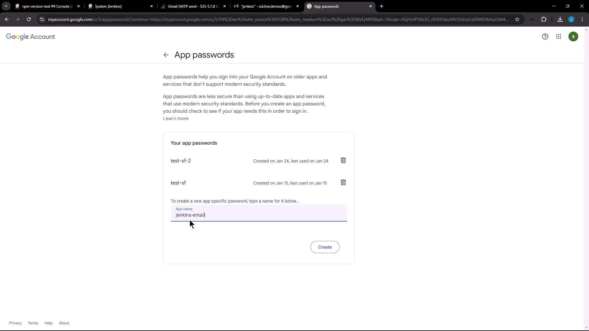 The image shows a Google Account page for managing app passwords, with existing passwords listed and an option to create a new app-specific password named "jenkins-email."