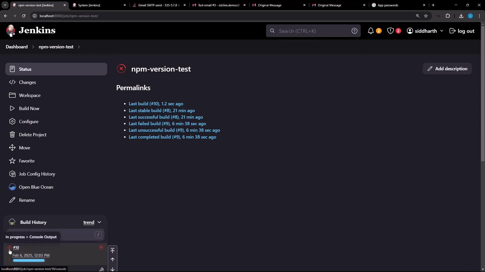 The image shows a Jenkins dashboard for a project named "npm-version-test," displaying build history and permalinks for recent builds. The sidebar includes options like "Build Now," "Configure," and "Delete Project."