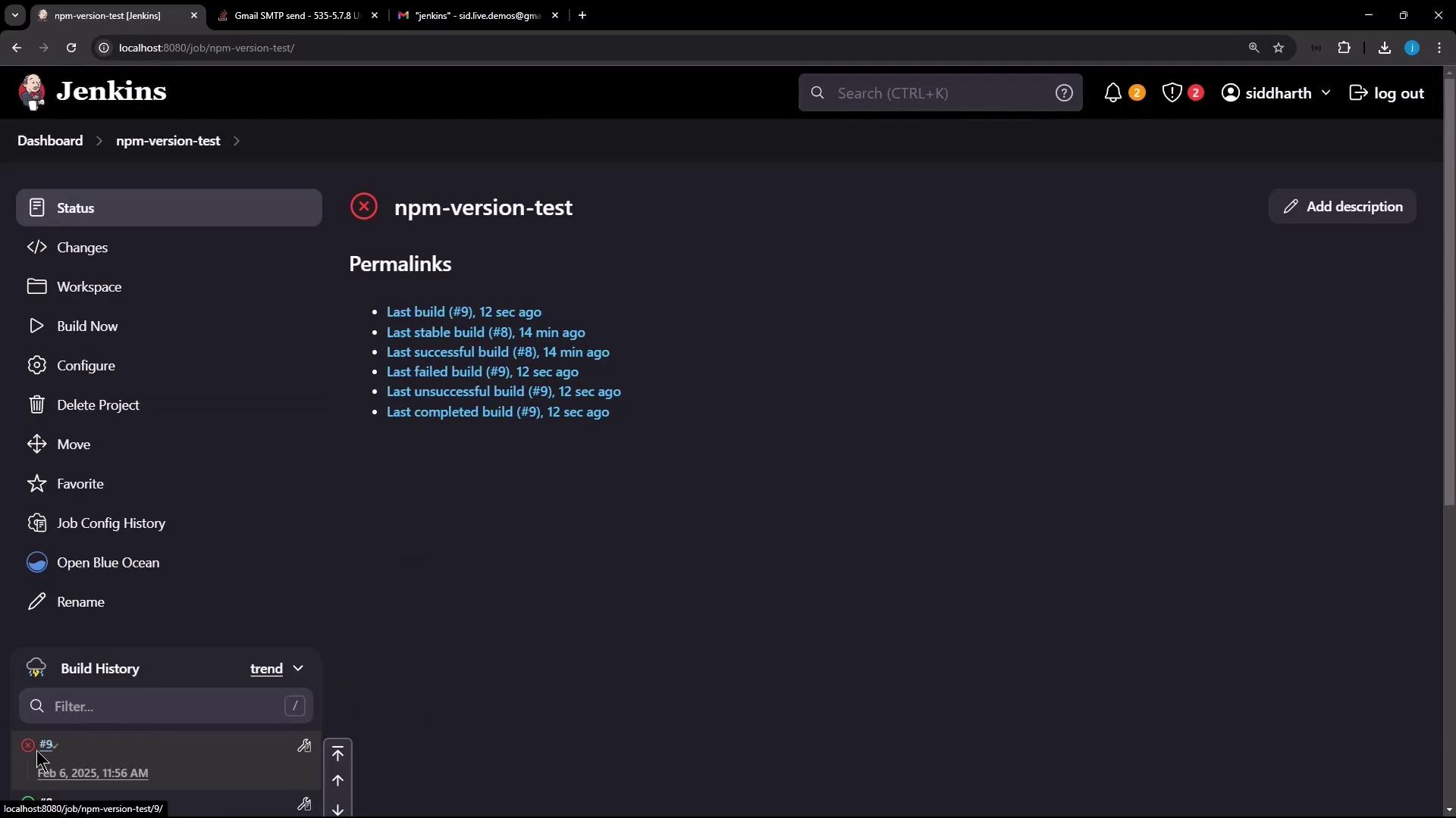 The image shows a Jenkins dashboard for a project named "npm-version-test," displaying build history and permalinks for recent builds. The interface includes options like "Build Now," "Configure," and "Delete Project."