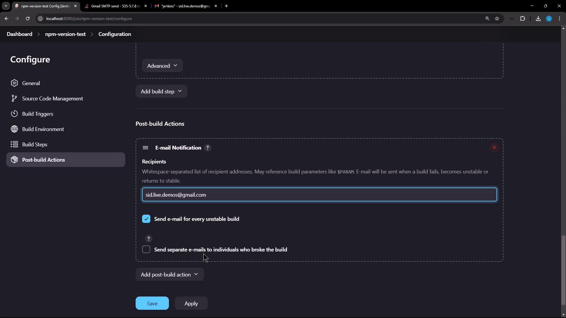 The image shows a Jenkins configuration screen for a project named "npm-version-test," focusing on the "Post-build Actions" section where email notifications are set up for build status updates.