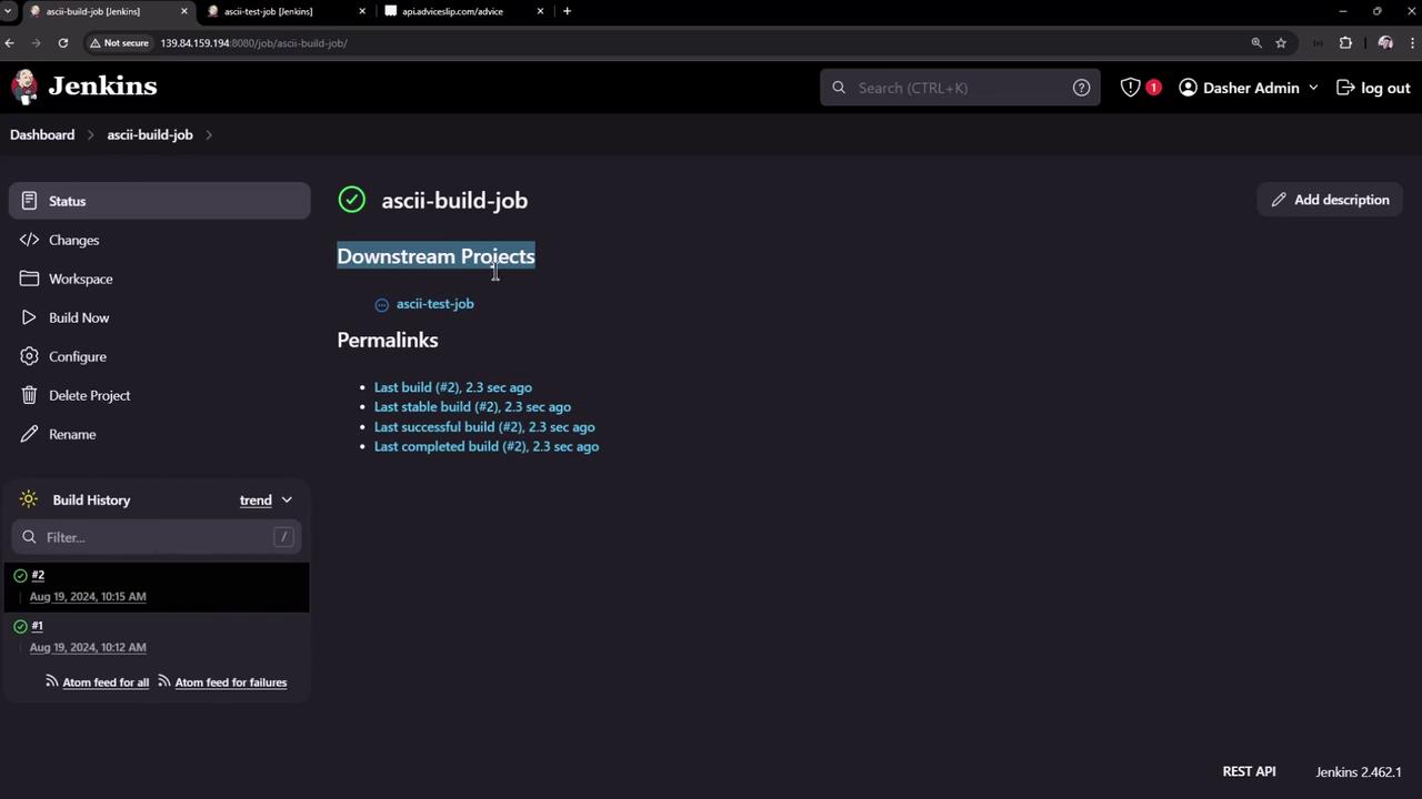 The image shows a Jenkins dashboard for a project named "ascii-build-job," displaying build status, downstream projects, and permalinks to recent builds. The interface includes options for changes, workspace, build history, and configuration.