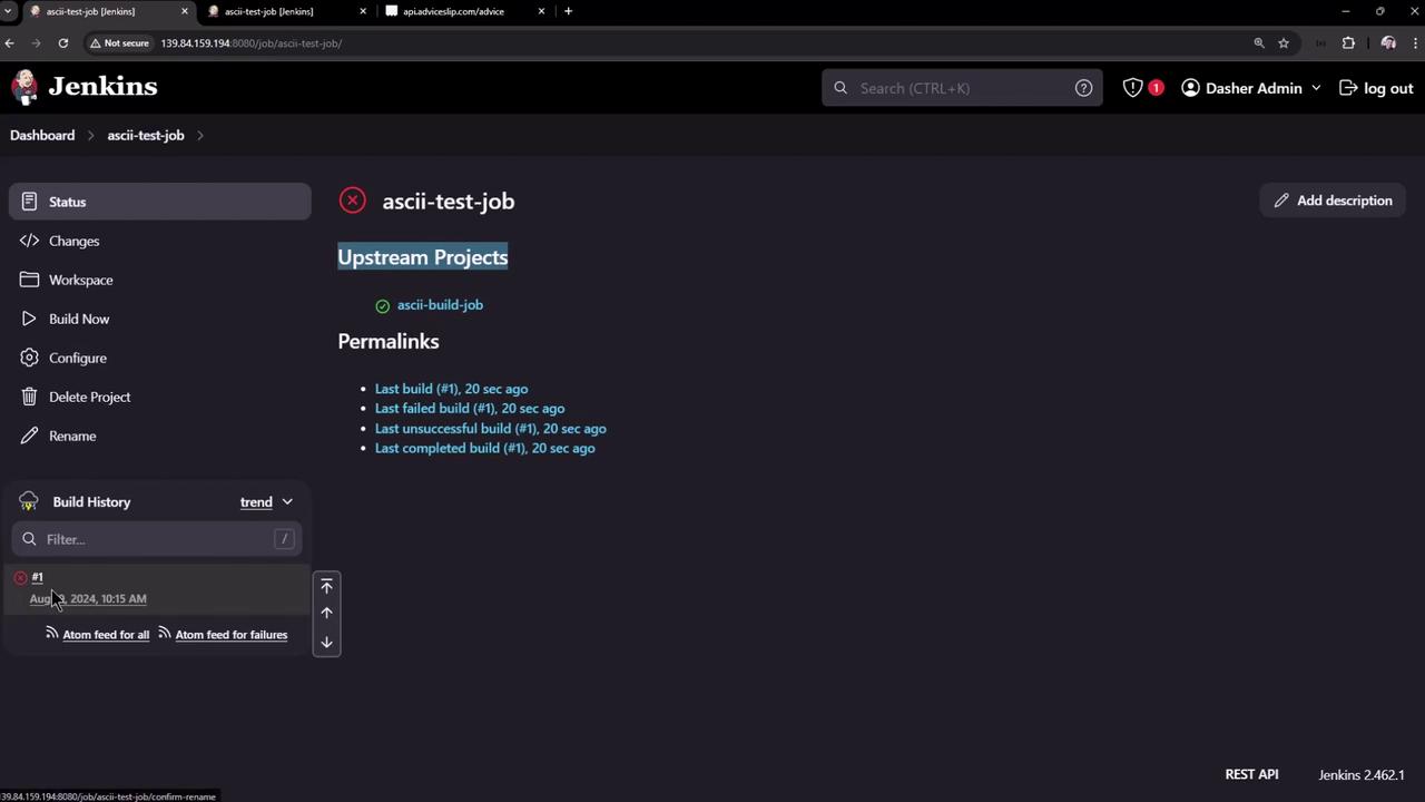 The image shows a Jenkins dashboard for a project named "ascii-test-job," displaying build status and history, with the last build having failed.