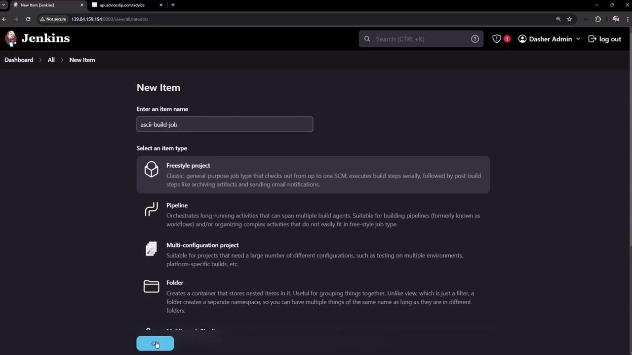 The image shows a Jenkins interface where a new item is being created, with options to select different project types like Freestyle project, Pipeline, Multi-configuration project, and Folder.