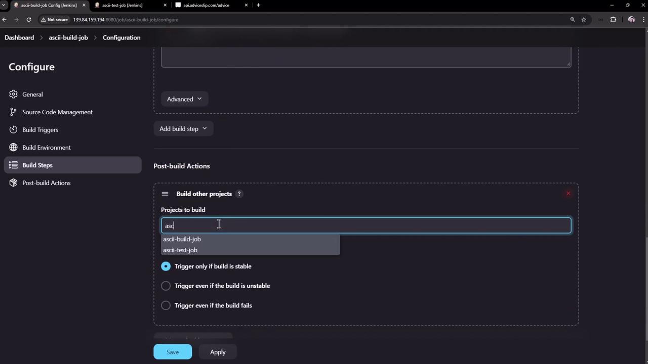 The image shows a Jenkins configuration screen where a user is setting up post-build actions, specifically selecting projects to build and choosing trigger conditions.