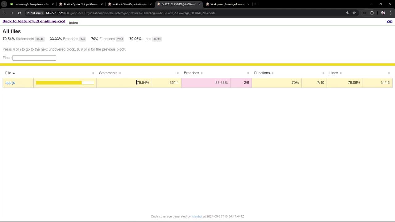The image shows a code coverage report for a file named "app.js," indicating 79.54% statement coverage, 33.33% branch coverage, 70% function coverage, and 79.06% line coverage.