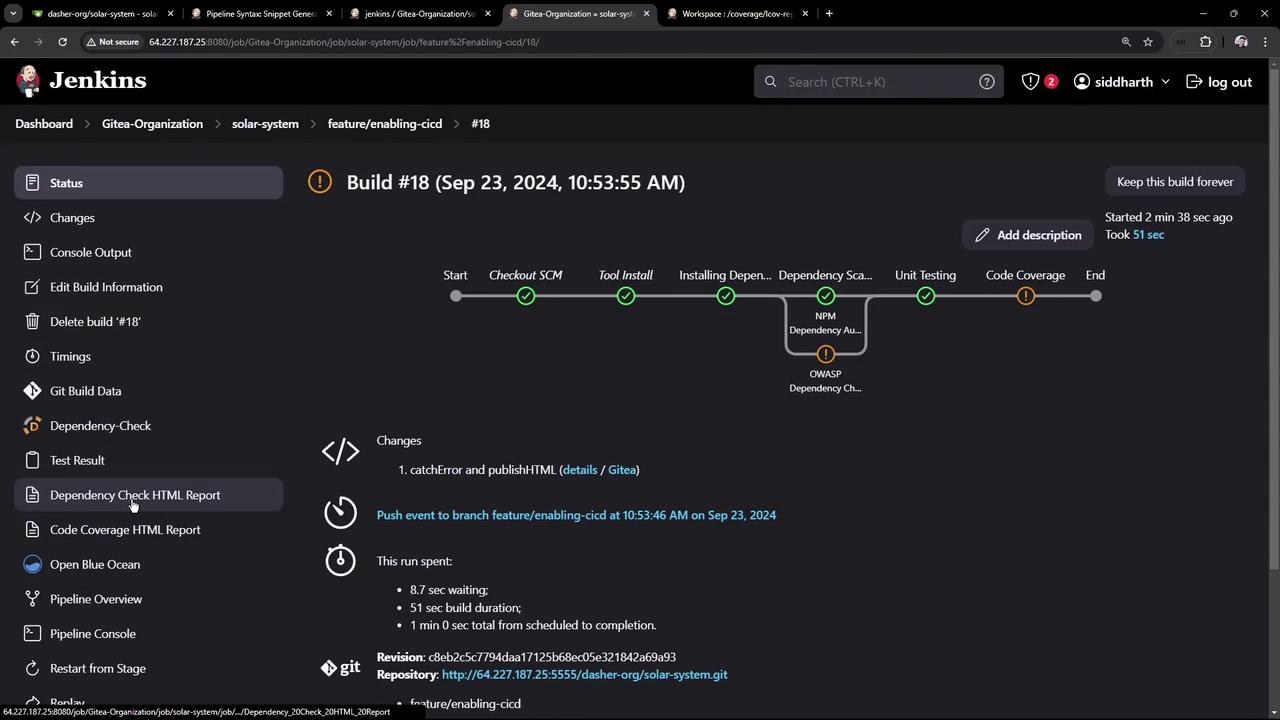 The image shows a Jenkins build pipeline interface, displaying the status of various stages such as SCM checkout, tool installation, dependency scanning, and unit testing, with some stages marked as successful and others with issues.
