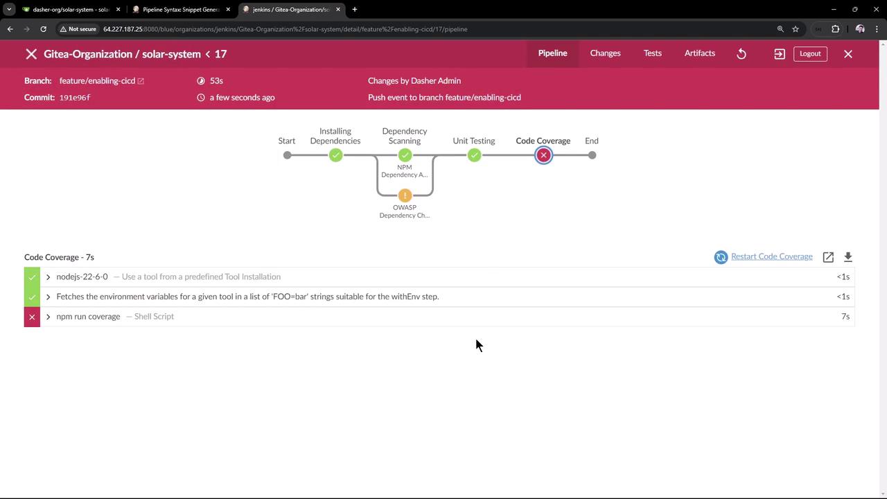 The image shows a Jenkins pipeline interface for a project named "solar-system," displaying the stages of a build process with a failure at the "Code Coverage" stage. The details below indicate a failed "npm run coverage" shell script."