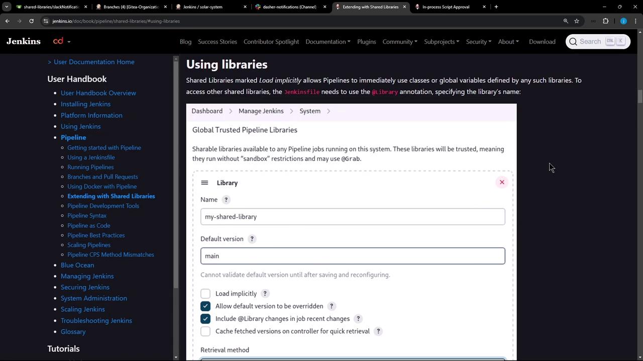 The image shows a Jenkins documentation page about using shared libraries in pipelines, with a form for configuring a global trusted pipeline library.