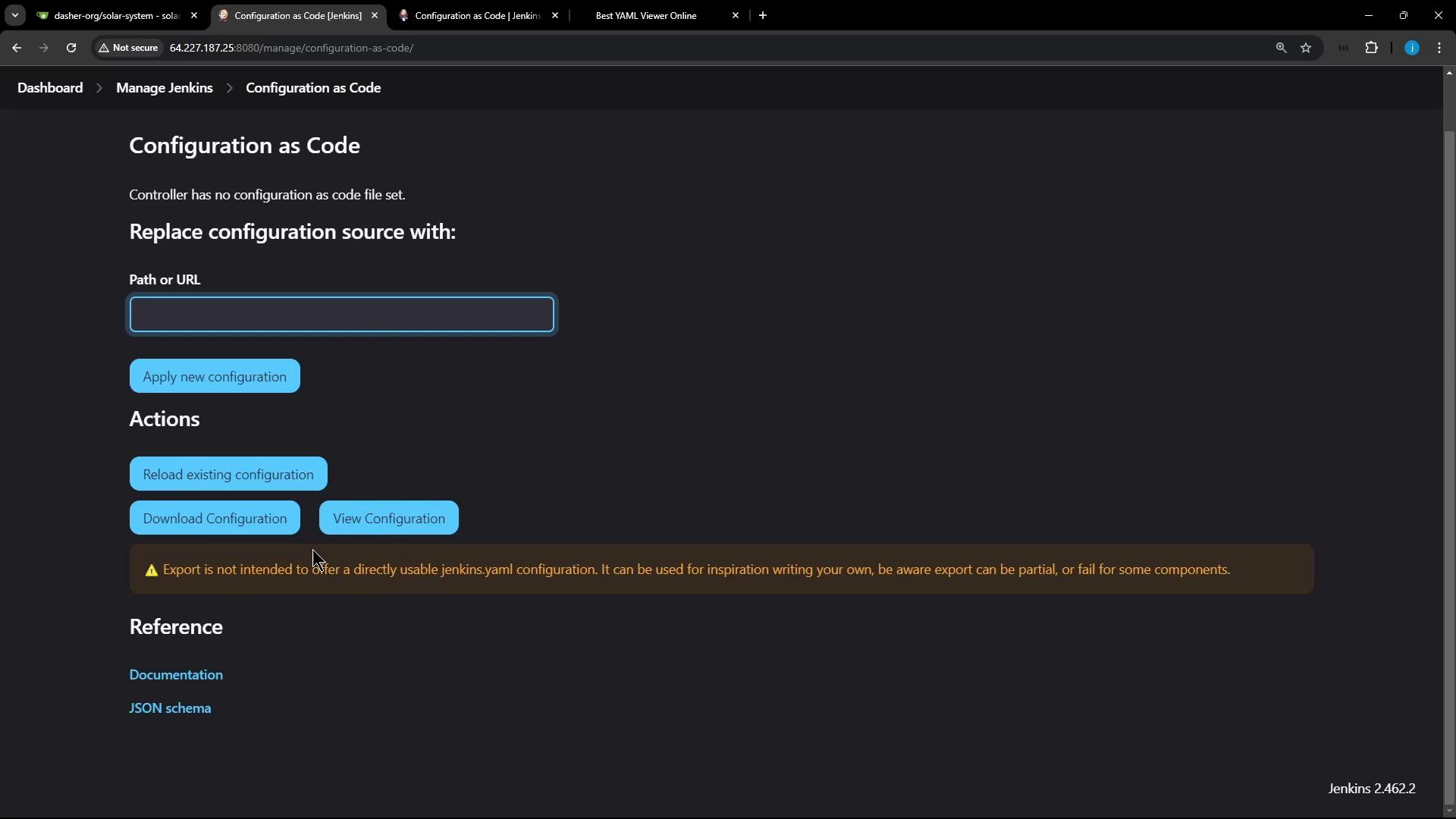 The image shows a Jenkins "Configuration as Code" interface, where users can replace configuration sources and perform actions like reloading, downloading, or viewing configurations.