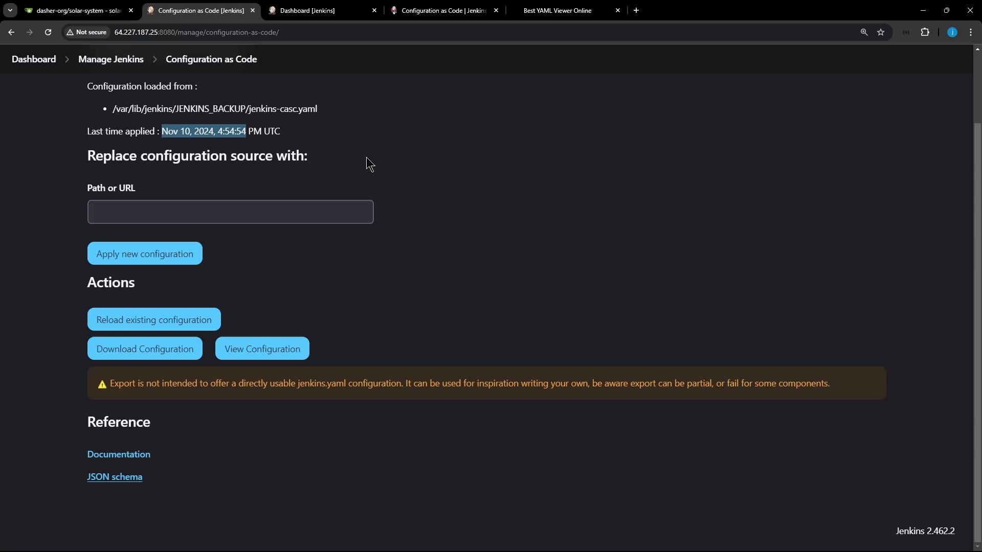 The image shows a Jenkins configuration page with options to apply a new configuration, reload, download, or view the existing configuration. It also includes a warning about the export not being directly usable for Jenkins YAML configuration.