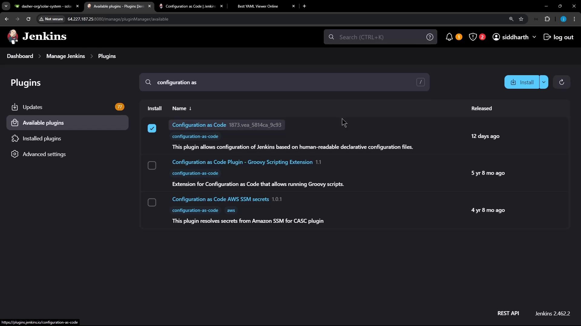 The image shows the Jenkins plugin management interface, specifically the "Available plugins" section, with a search for "configuration as" displaying related plugins.