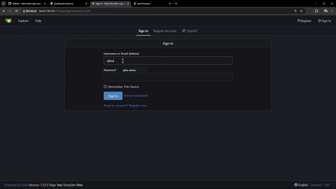 The image shows a login page for Gitea, with fields for entering a username or email address and a password. There are options to sign in, register, or recover a forgotten password.