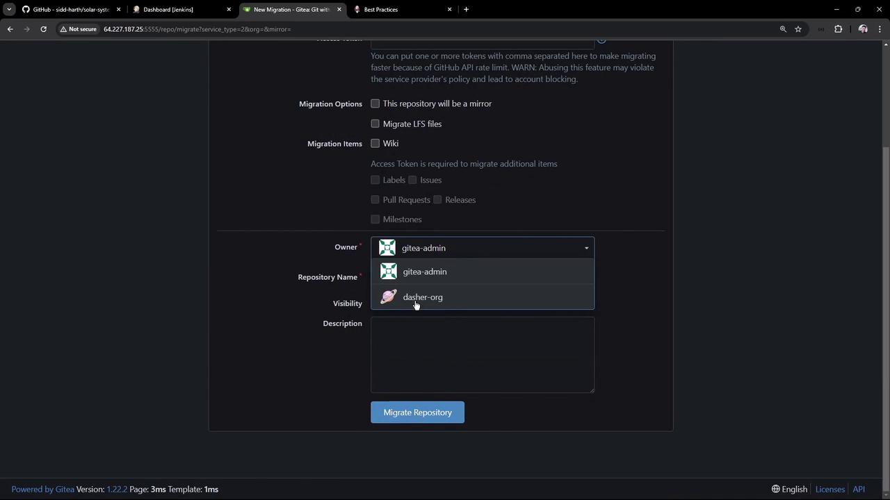 The image shows a Gitea interface for migrating a repository, with options for selecting the owner, repository name, and visibility. There are checkboxes for migration options and items, and a "Migrate Repository" button.