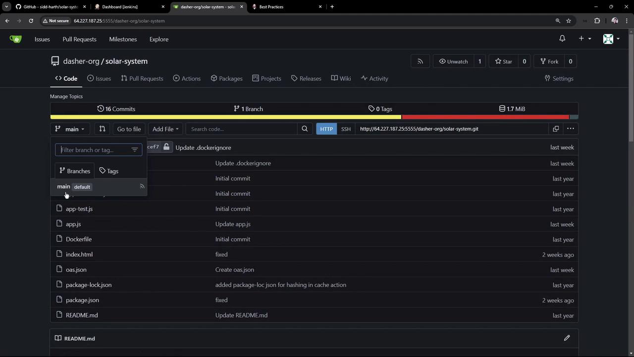 The image shows a GitHub repository interface for a project named "solar-system" under the organization "dasher-org." It displays details like commits, branches, and files, with a dropdown menu for branch selection.