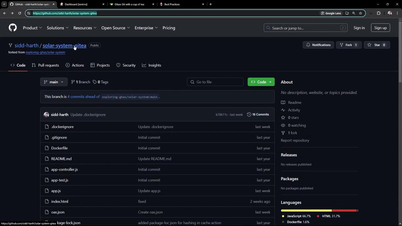 The image shows a GitHub repository page for a project named "solar-system-gitea," displaying files, commit history, and language usage statistics.