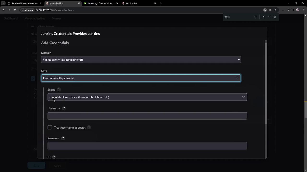 The image shows a Jenkins interface for adding credentials, with fields for domain, kind, scope, username, and password. The browser has multiple tabs open, including GitHub and Gitea.