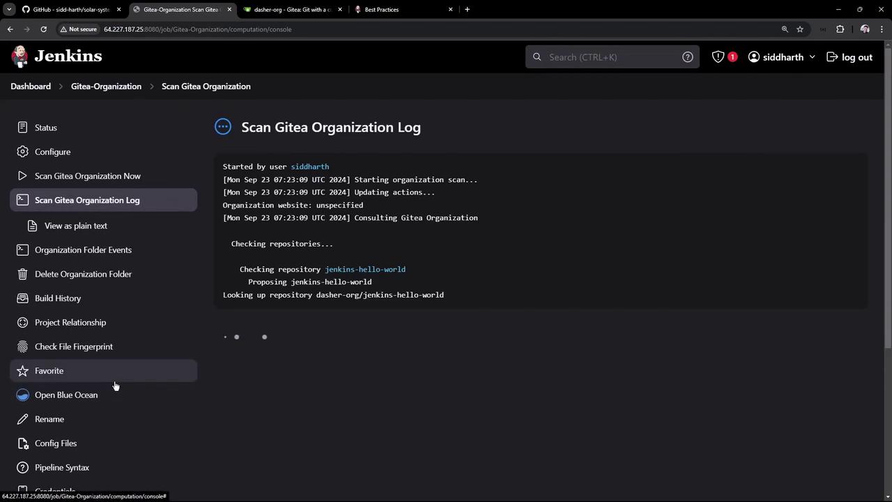 The image shows a Jenkins dashboard with a log of a Gitea organization scan. It includes details about the scan process, such as checking repositories and updating actions.
