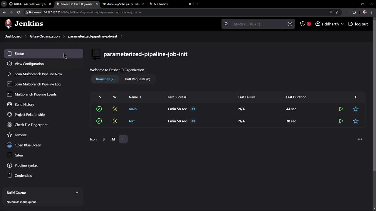 The image shows a Jenkins dashboard displaying the status of a parameterized pipeline job with branches "main" and "test," both having successful builds.