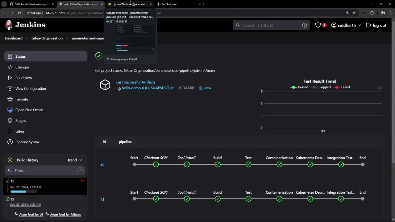 The image shows a Jenkins dashboard displaying the status of a pipeline job, with stages like "Checkout SCM," "Build," and "Test" marked as completed. It also includes a test result trend graph and build history.