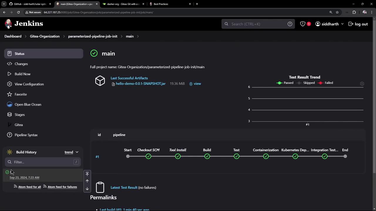 The image shows a Jenkins dashboard displaying the status of a pipeline job, with a successful build and test result trend. It includes details like the project name, last successful artifacts, and build history.