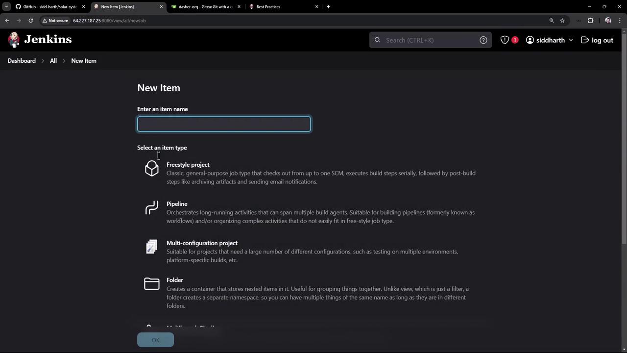 The image shows a Jenkins interface for creating a new item, with options to select different project types such as Freestyle project, Pipeline, Multi-configuration project, and Folder.