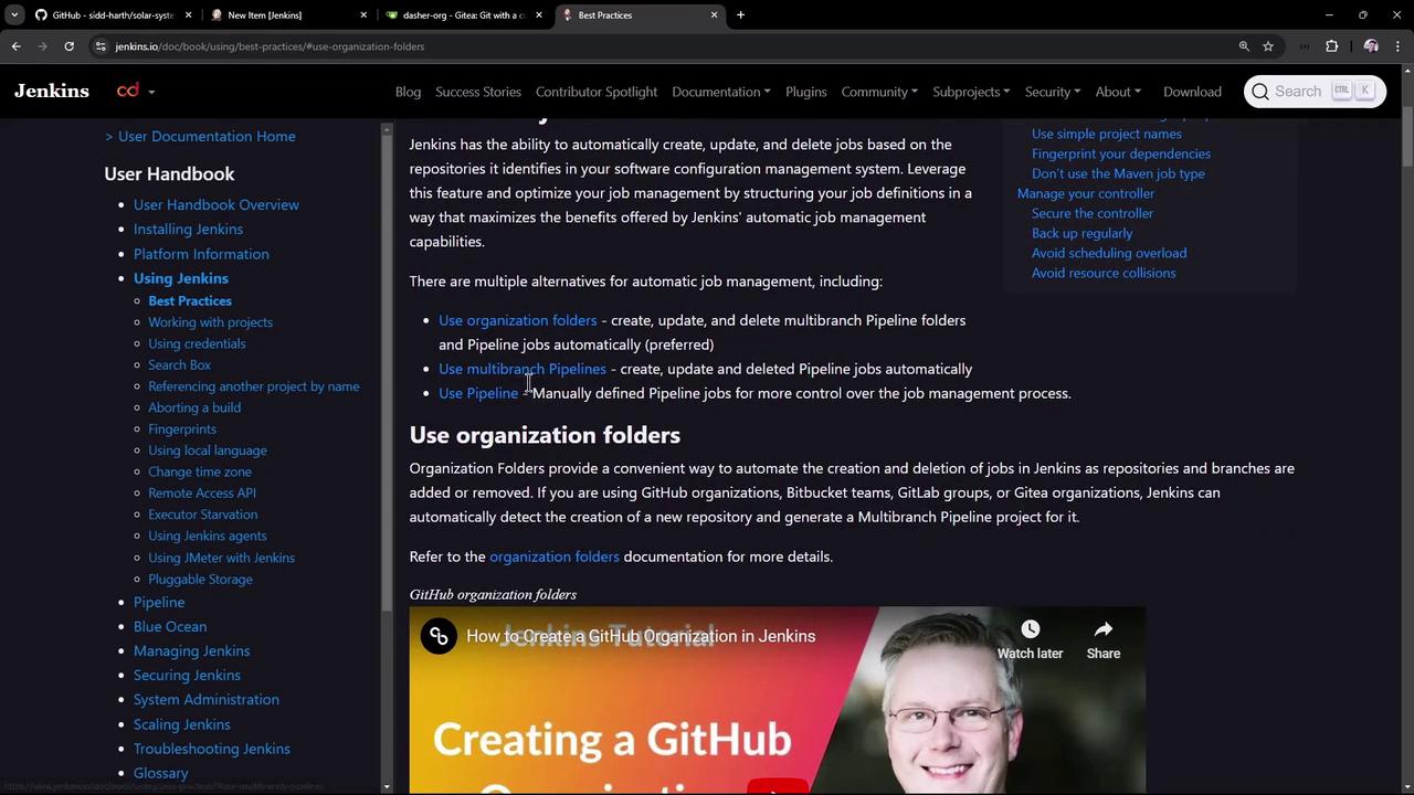 The image shows a webpage from the Jenkins documentation, specifically discussing best practices for using organization folders to manage jobs automatically. It includes a sidebar with navigation links and a video thumbnail about creating a GitHub organization in Jenkins.