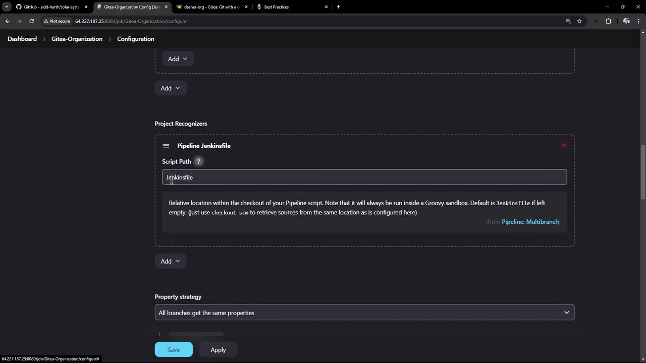 The image shows a configuration screen for a Jenkins pipeline, specifically setting the script path for a Jenkinsfile. There are options to add project recognizers and set property strategies for branches.