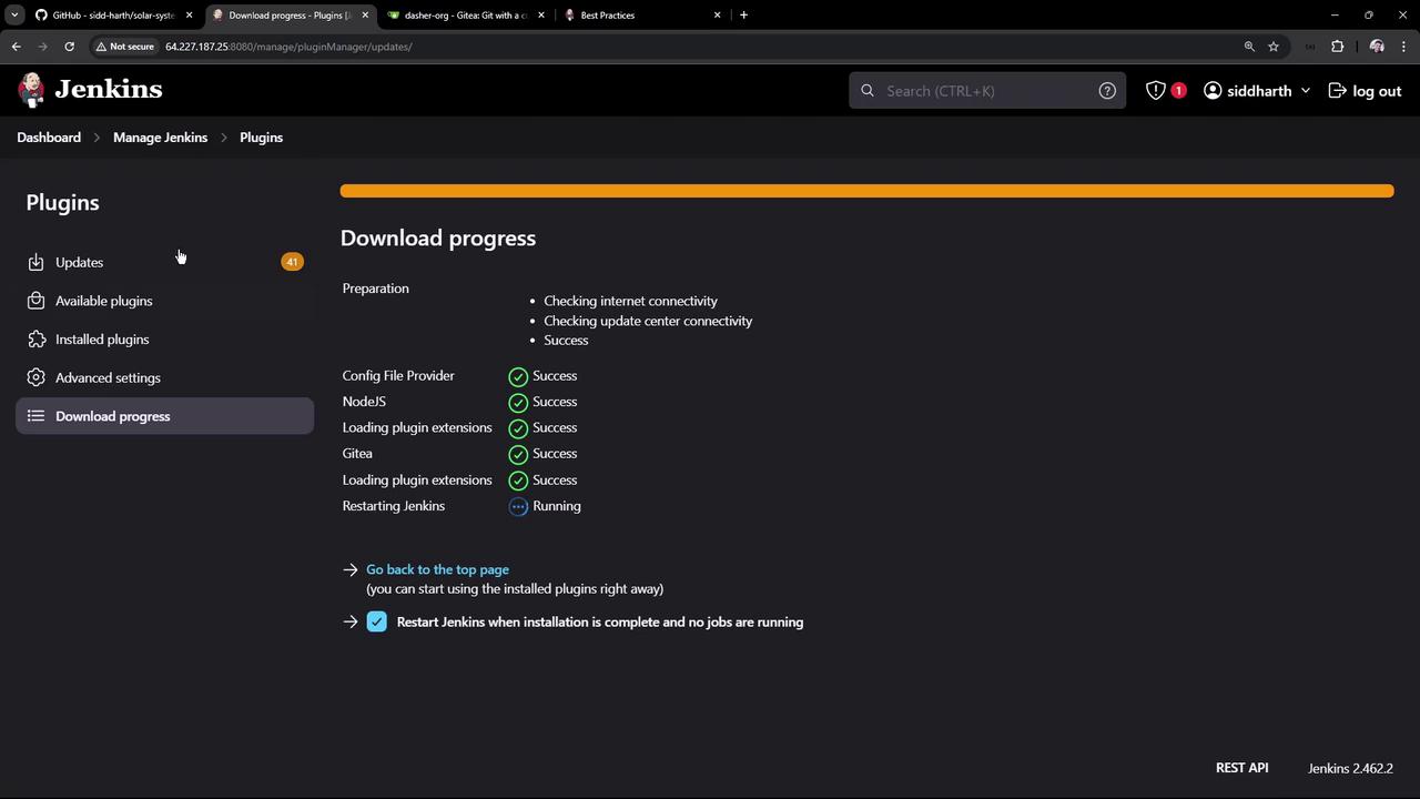 The image shows a Jenkins interface displaying the download progress of plugins, with various components marked as successful and Jenkins currently running.