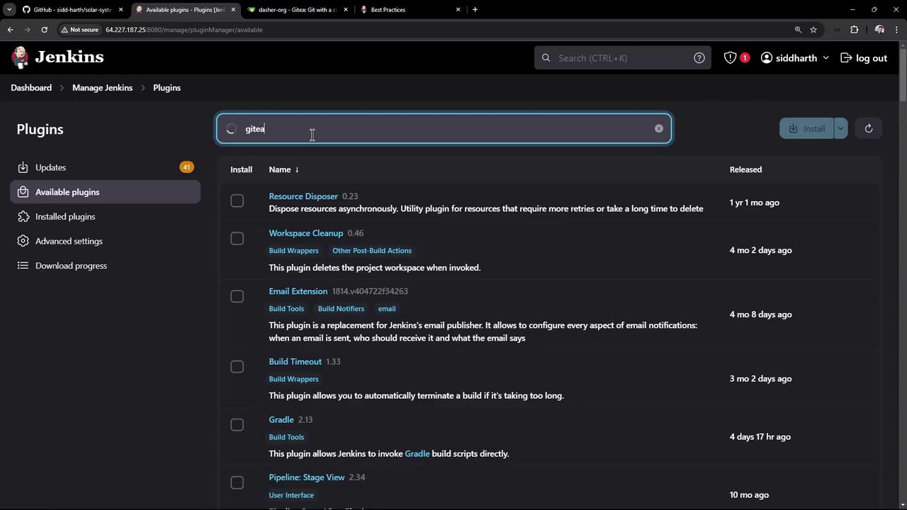 The image shows a Jenkins interface with a search for plugins, displaying a list of available plugins with details like name, version, and release date.