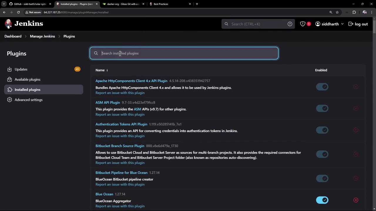 The image shows the Jenkins interface displaying a list of installed plugins, with options to search and manage them.