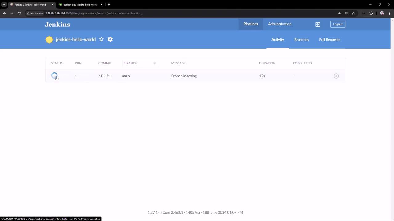 The image shows a Jenkins dashboard displaying a pipeline activity for a project named "jenkins-hello-world." It includes details such as the status, run number, commit ID, branch, message, and duration of the activity.