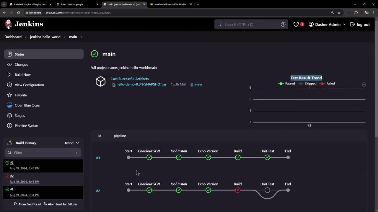 The image shows a Jenkins dashboard displaying the status of a project pipeline, including build history and test result trends. It highlights successful and failed stages in the pipeline process.