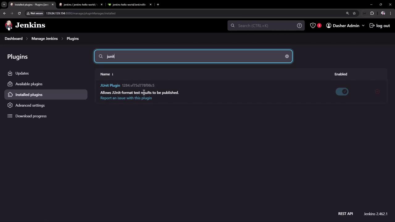 The image shows a Jenkins interface with the "Installed plugins" section open, displaying the JUnit Plugin, which allows JUnit-format test results to be published.