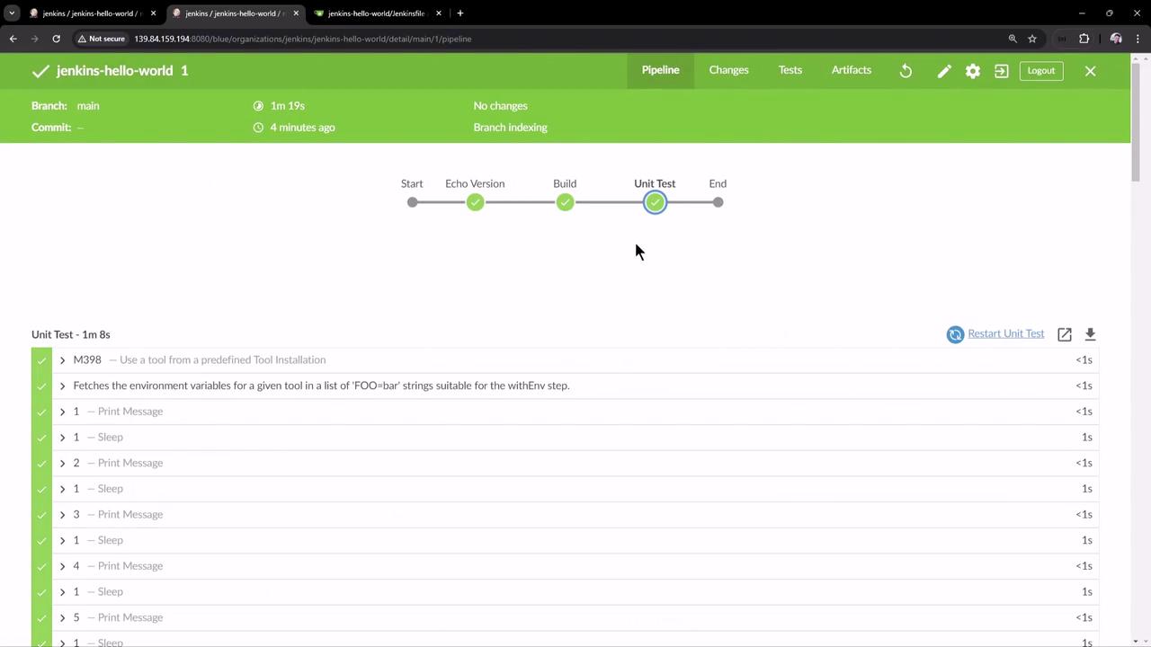 The image shows a Jenkins pipeline interface with a completed unit test stage, displaying a series of steps and their execution times. The pipeline stages are visually represented with checkmarks indicating successful completion.