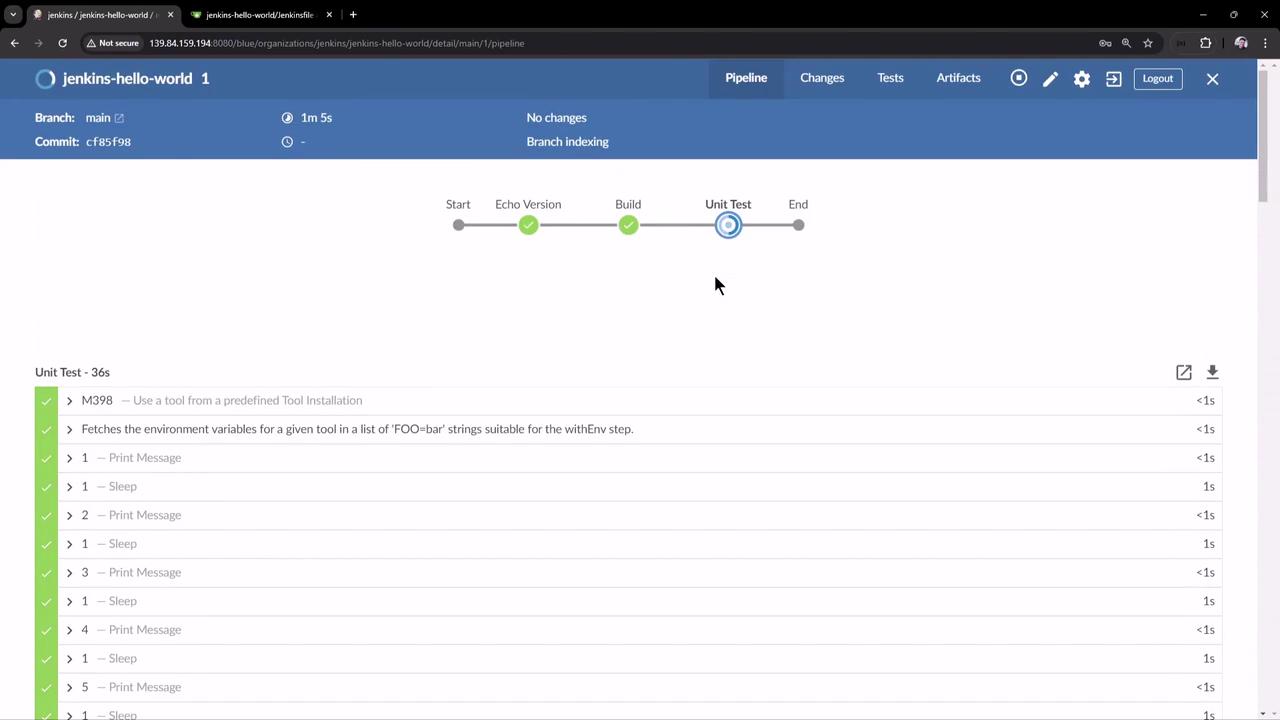 The image shows a Jenkins pipeline interface with a progress bar indicating stages from "Start" to "End," currently at the "Unit Test" stage. Below, there are details of unit test steps, all marked as successful.