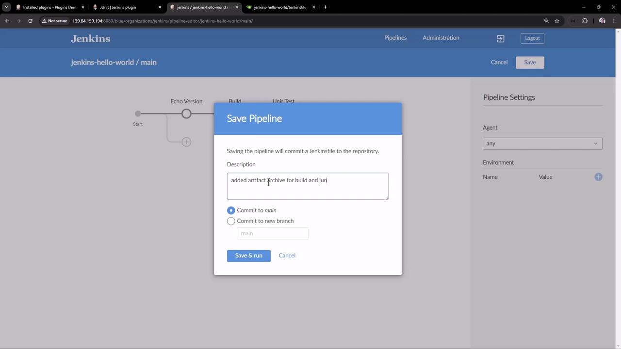 The image shows a Jenkins interface with a "Save Pipeline" dialog box open, allowing the user to commit changes to a Jenkinsfile in a repository. The dialog includes options to commit to the main branch or a new branch, with a description field filled in.