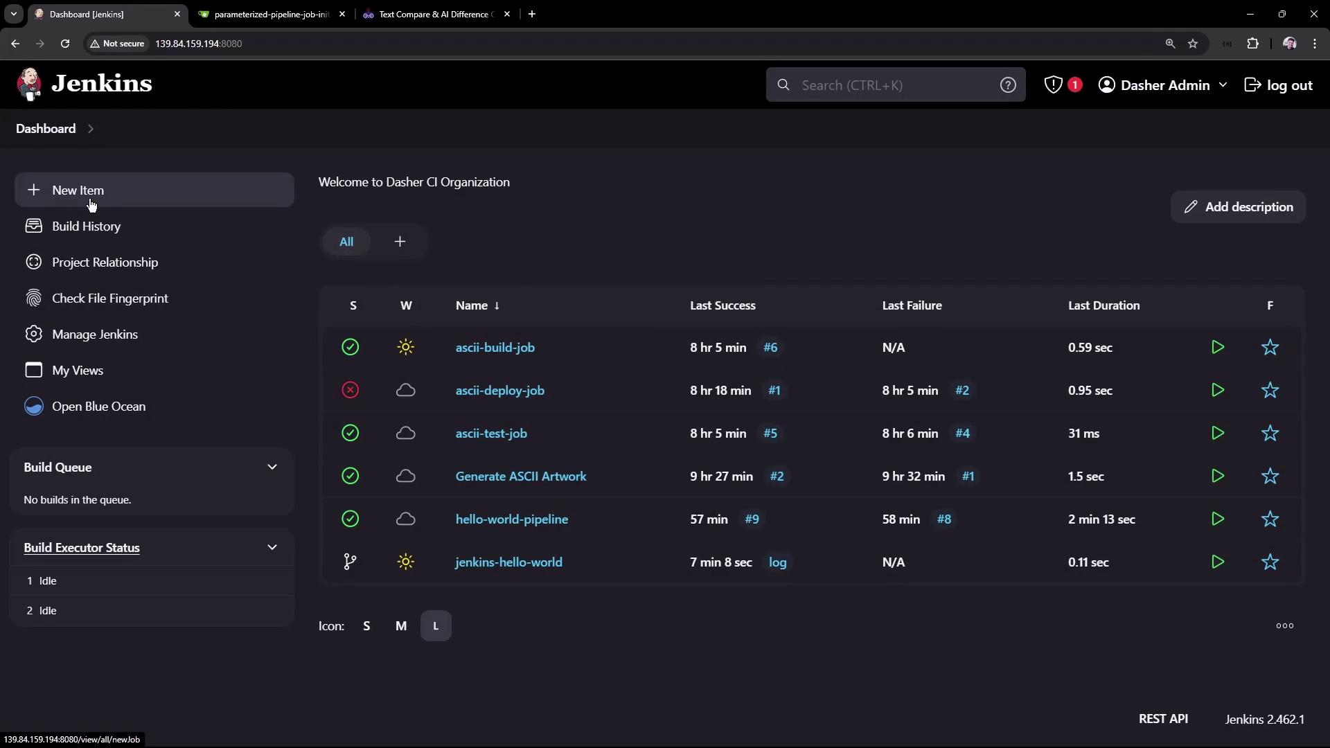 The image shows a Jenkins dashboard with a list of jobs, their statuses, last success and failure times, and durations. The interface includes options for managing Jenkins, viewing build history, and creating new items.